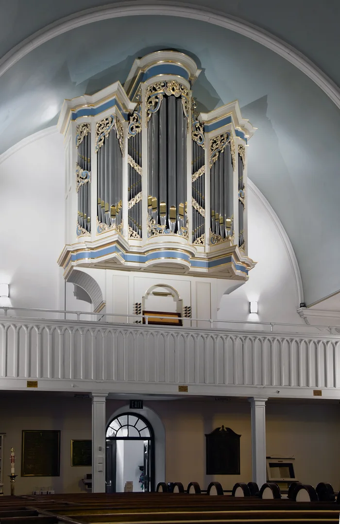 Opus 12 at Christ Church, New Brunswick: a small Dutch-style case, polychromed and water-gilt.