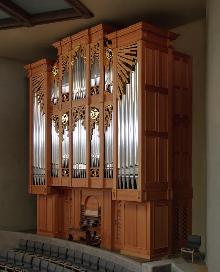 Opus 14 at Pinnacle Presbyterian, Scottsdale: a linear organ case of waxed douglas fir with Hopi-derived ornament.